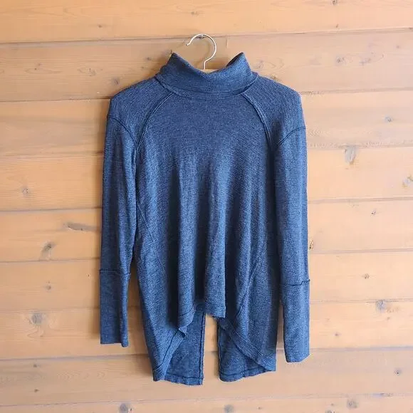 Free People Top Split Back Heathered Gray Turtleneck Blouse S Sweater Shirt Boho - Picture 2 of 5